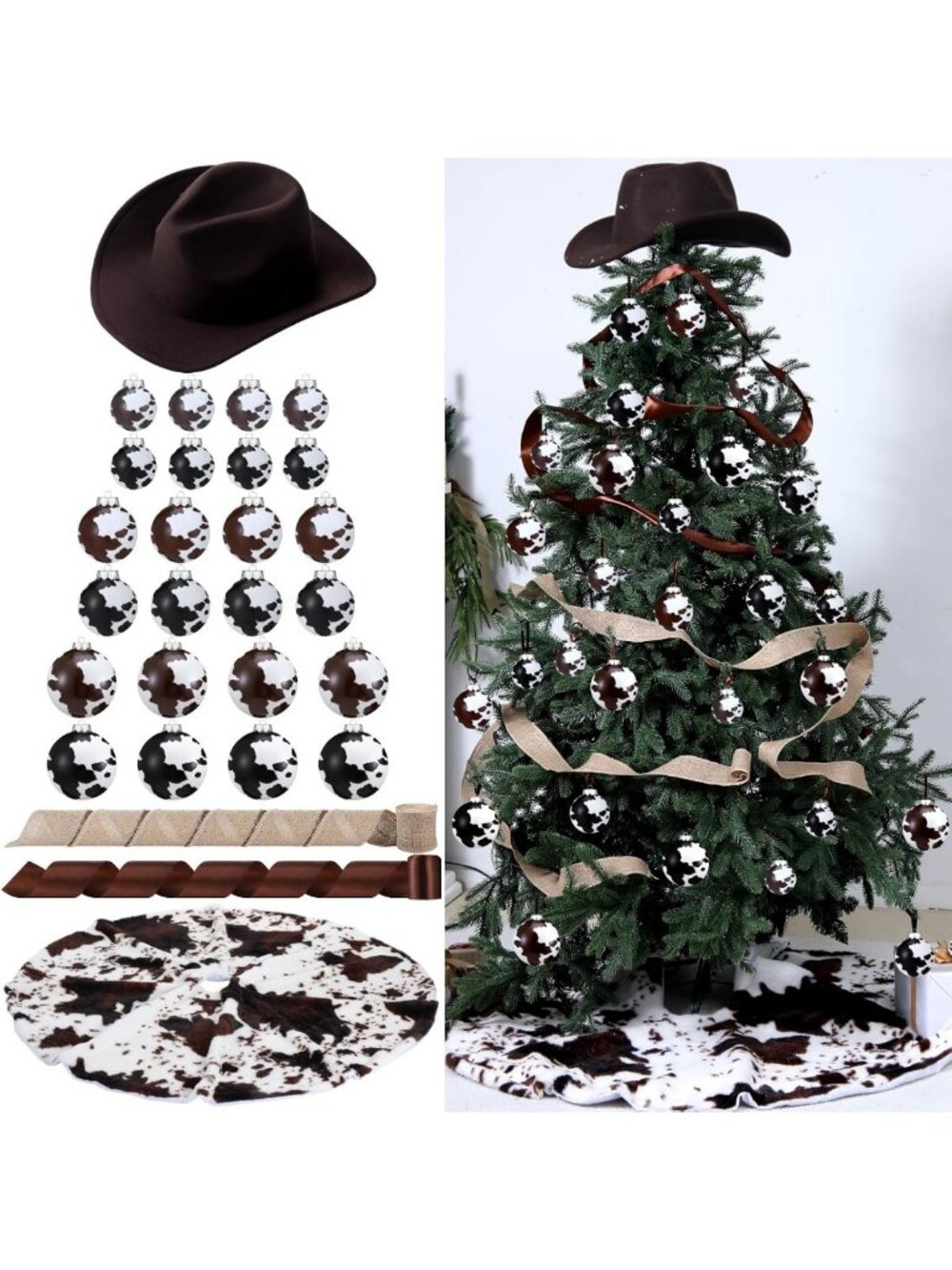 29 Pcs Western Cowboy Christmas Tree Decor Set - Cowhide Balls, Rustic Hat